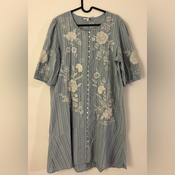 Johnny Was Osiris Puff-Sleeve Buttoned Minidress - Denim Blue - Size Large - Picture 3 of 8